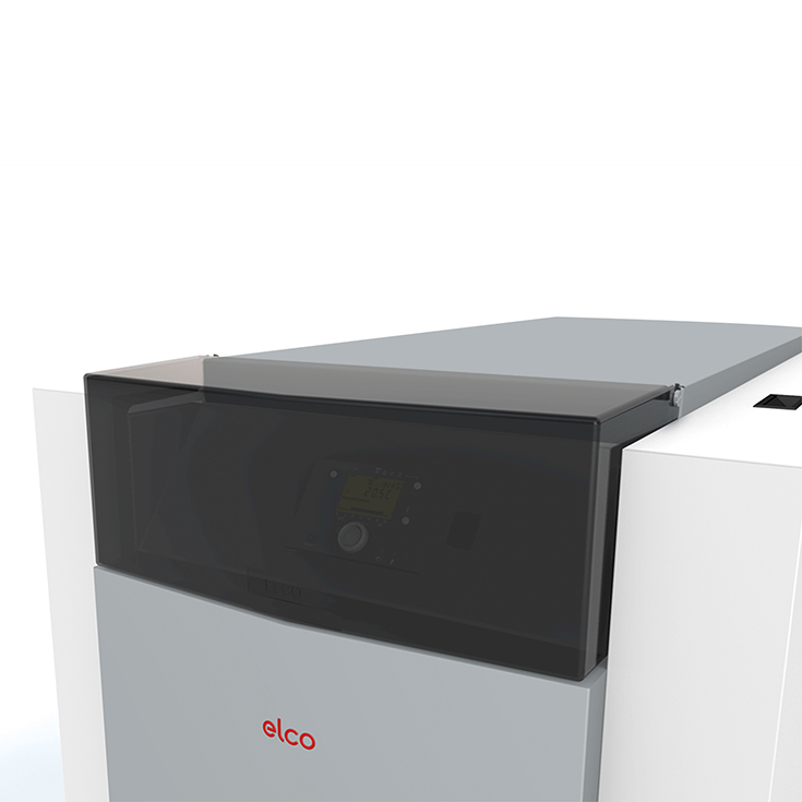 Regelunit van Elco met digitaal display en draaibare beschermkap, getoond in close-up