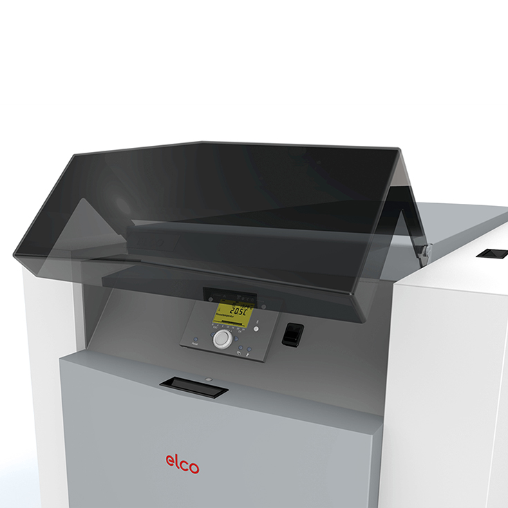 Moderne verwarmingsregelaar van Elco met digitaal display en draaibare beschermkap, van dichtbij te zien wanneer deze geopend is
