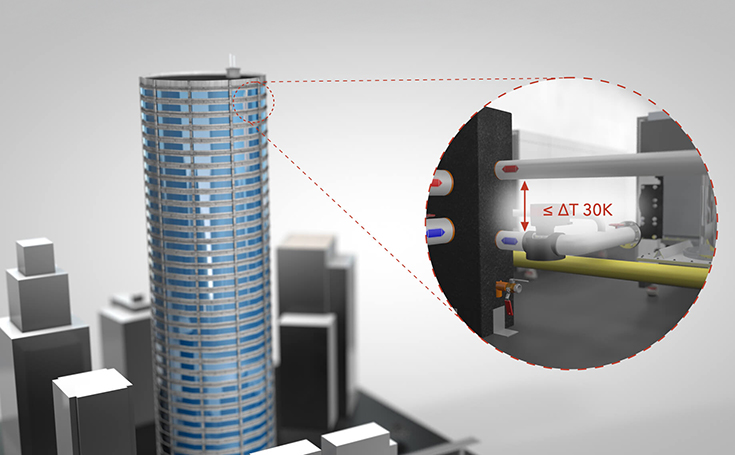 Illustratie van een hoogbouw met een vergroot gedetailleerd beeld van het verwarmingssysteem